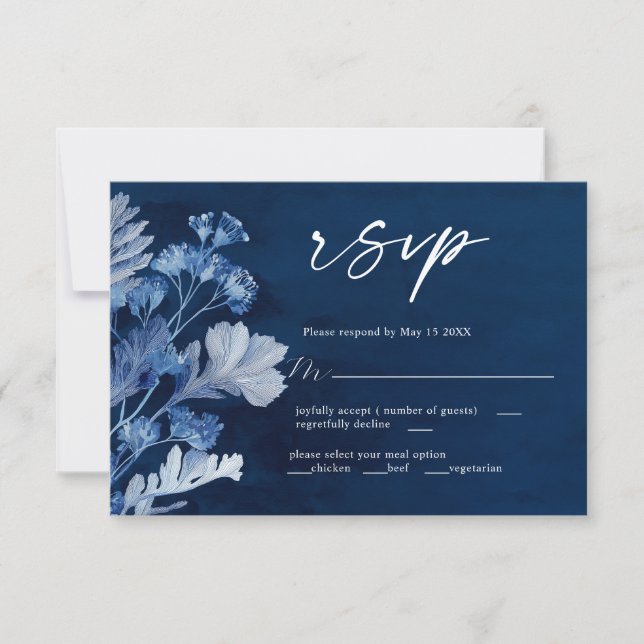 Cartão RSVP de Casamento Azul Indigo (Frente)