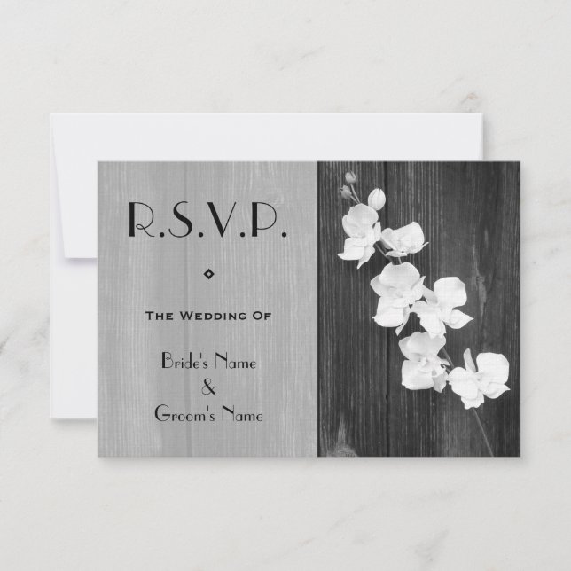 Cartão RSVP de Casamento - Barnwood Orquídeas Negr (Frente)