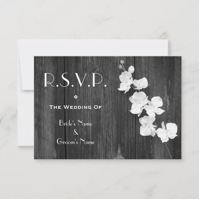 Cartão RSVP de Casamento - Barnwood Orquídeas Negr (Frente)