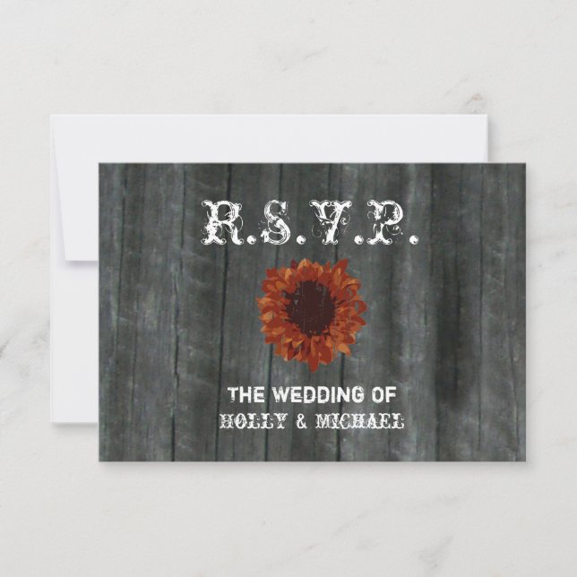 Cartão RSVP de Casamento - Barnwood & Sunflower (Frente)