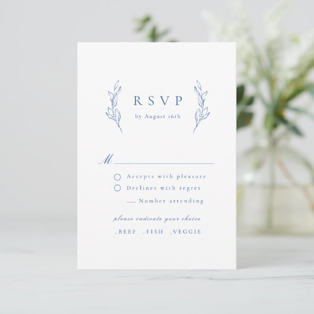 Cartão RSVP de casamento botânico simples azul ele (Em pé/Frente)