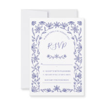 Cartão RSVP de Casamento Branco Azul Floral Medite