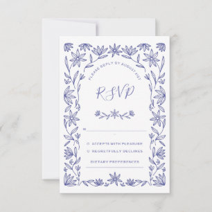 Cartão RSVP de Casamento Branco Azul Floral Medite