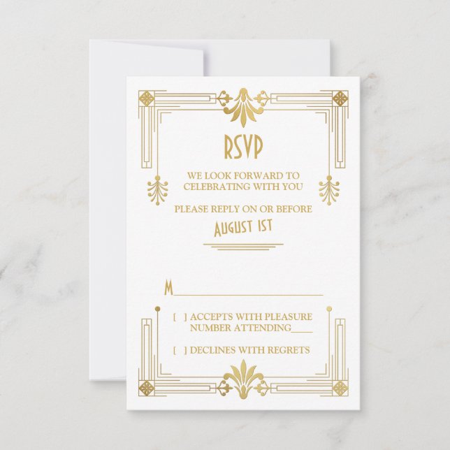 Cartão RSVP de Casamento Branco Dourado Art Deco R (Frente)