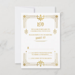Cartão RSVP de Casamento Branco Dourado Art Deco R