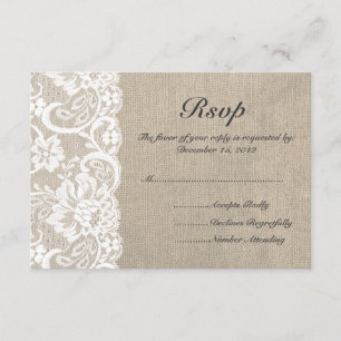 Cartão RSVP de Casamento Branco e Burlap