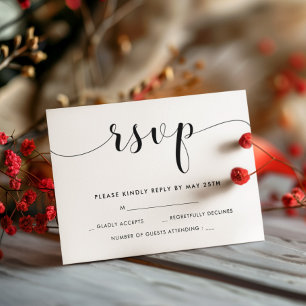 Cartão RSVP de casamento branco e preto Elegante