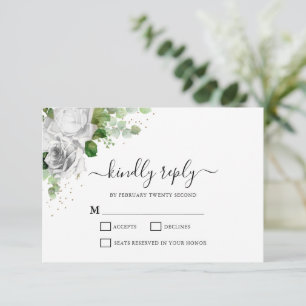 Cartão RSVP de Casamento Branco Floral e Eucalyptu