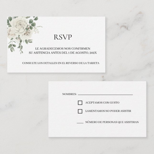 Cartão RSVP de Casamento Branco Floral Espanhol (Frente/Verso)