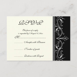Cartão RSVP de casamento branco preto na fronteir