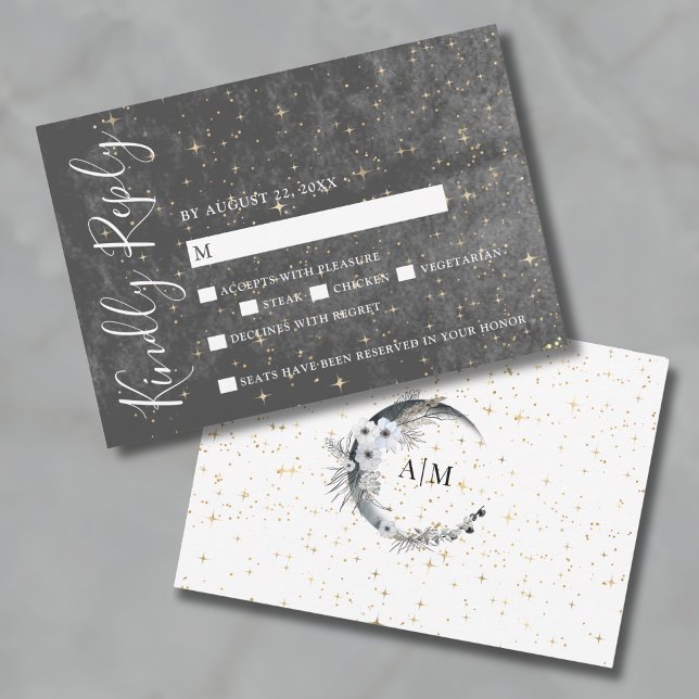 Cartão RSVP de Casamento Celestial Dourado Crescen (Crescent Moon Gold Celestial Wedding RSVP Card)