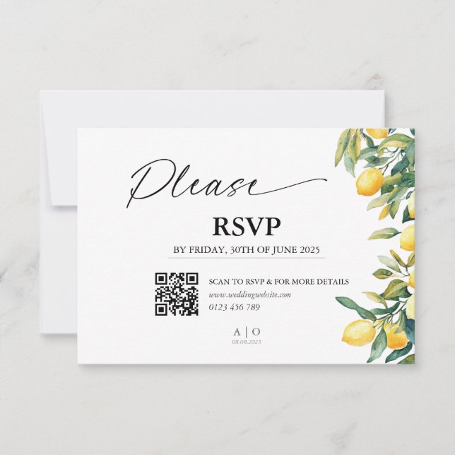 Cartão RSVP de Casamento com Código QR - Lemons, I (Frente)
