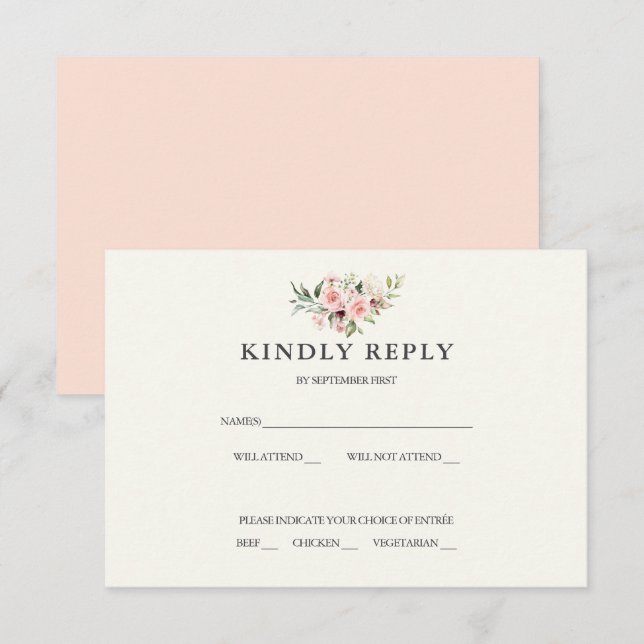Cartão RSVP de Casamento com Flores Rosadas - Crem (Frente/Verso)