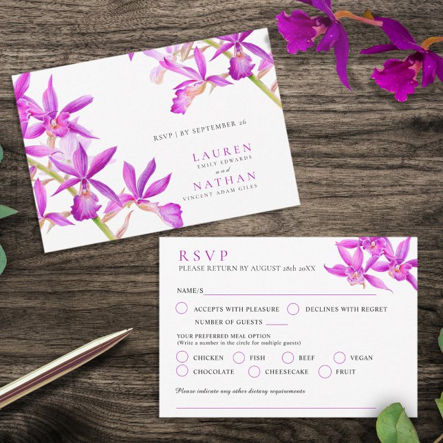 Cartão RSVP de casamento da orquídea roxa (Criador carregado)