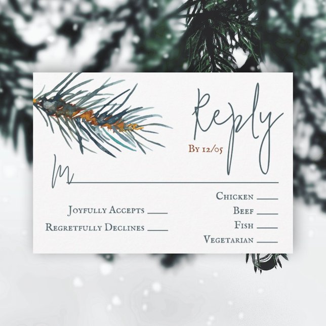 Cartão RSVP de Casamento de Agulhas de Pinheiro Ve (rustic brown hunter green pine needles watercolor reply wedding rsvp enclosure card forest green)