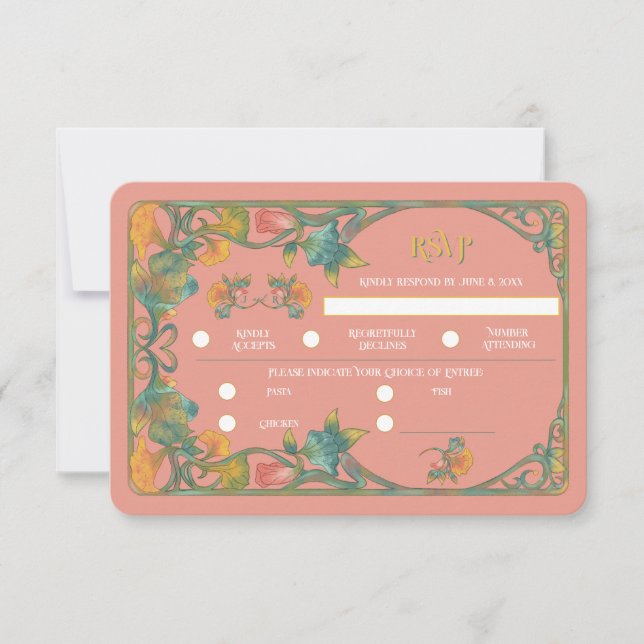 Cartão RSVP de Casamento de Arte Nouveau Pink Wate (Frente)