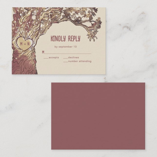 Cartão RSVP de Casamento de Árvore Cardíaca Gravad (Frente/Verso)