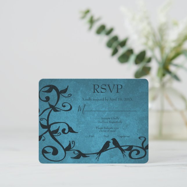 Cartão RSVP de Casamento de Aves Azuis (Em pé/Frente)