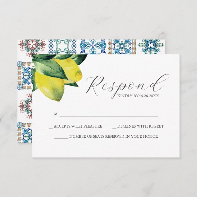 Cartão RSVP de Casamento de Azulejo Lemon Amalfi (Frente/Verso)