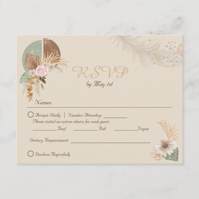 Cartão RSVP de Casamento de Boho Beige Classy Feat (Frente)