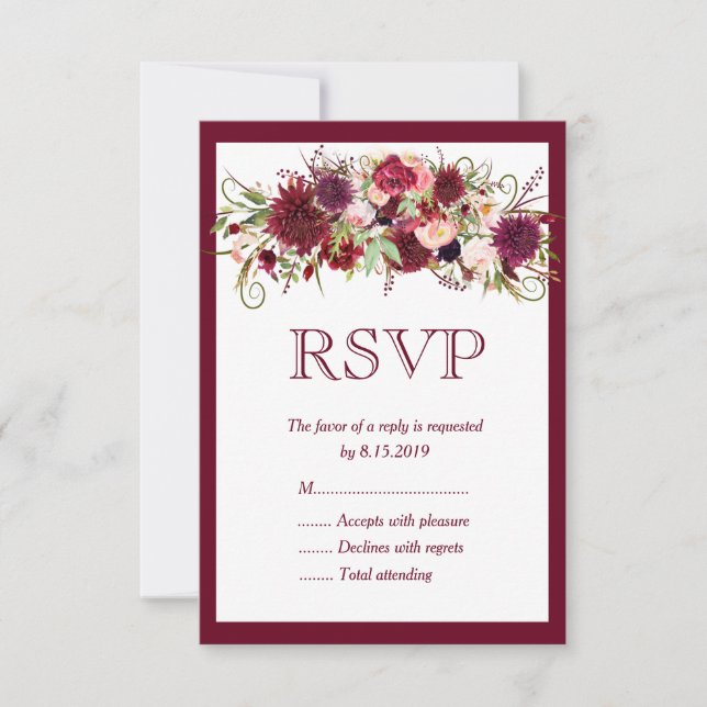 Cartão RSVP de Casamento de Boho Floral de Marsala (Frente)