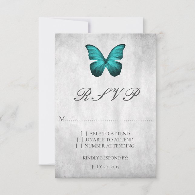Cartão RSVP de Casamento de Borboleta Teal (Frente)