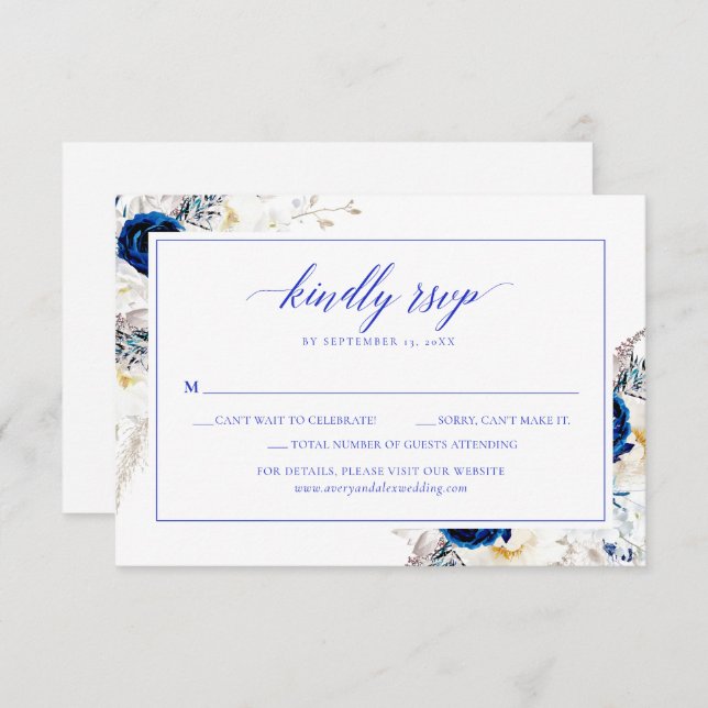 Cartão RSVP de Casamento de Caligrafia Azul Horizo (Frente/Verso)