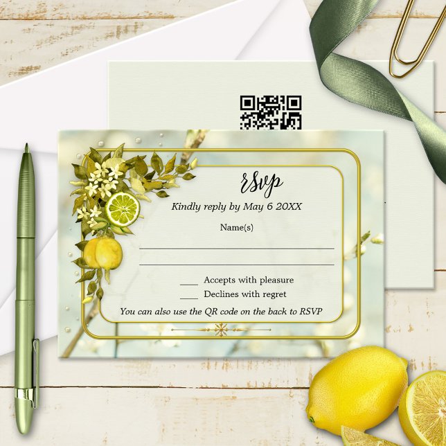Cartão RSVP de Casamento de Citrus Orchard Waterco (Wedding RSVP card featuring a watercolor painting of lemon citrus fruits and leaves with flowers)
