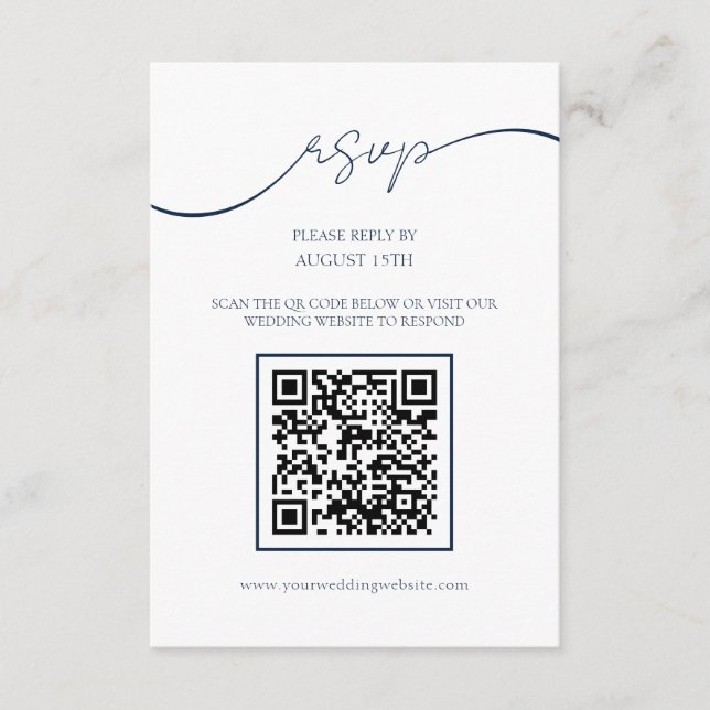 Cartão RSVP de Casamento de Código QR Azul de Mari (Frente)