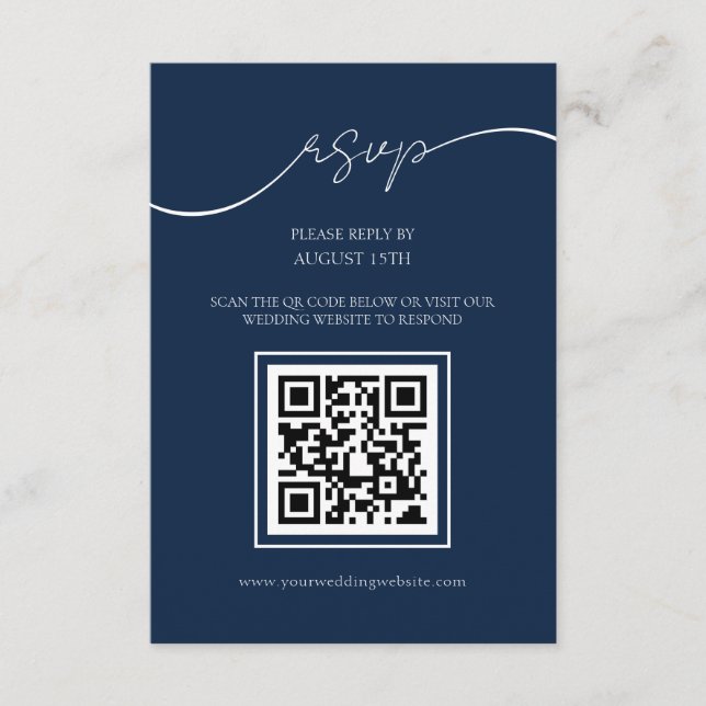 Cartão RSVP de Casamento de Código QR Azul de Mari (Frente)