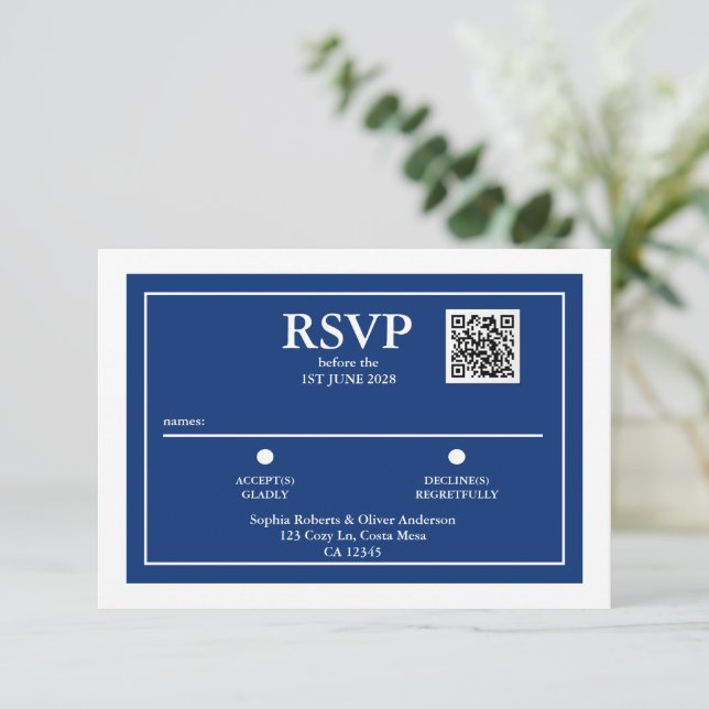 Cartão RSVP de Casamento de Código QR Azul de Mari (Em pé/Frente)