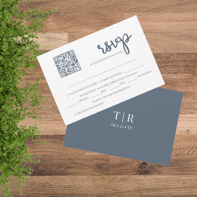 Cartão RSVP de Casamento de Código QR Azul Dusty (Criador carregado)