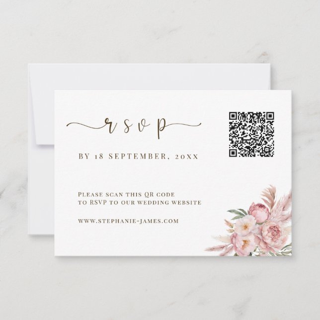 Cartão RSVP de Casamento de Código QR com Florais  (Frente)