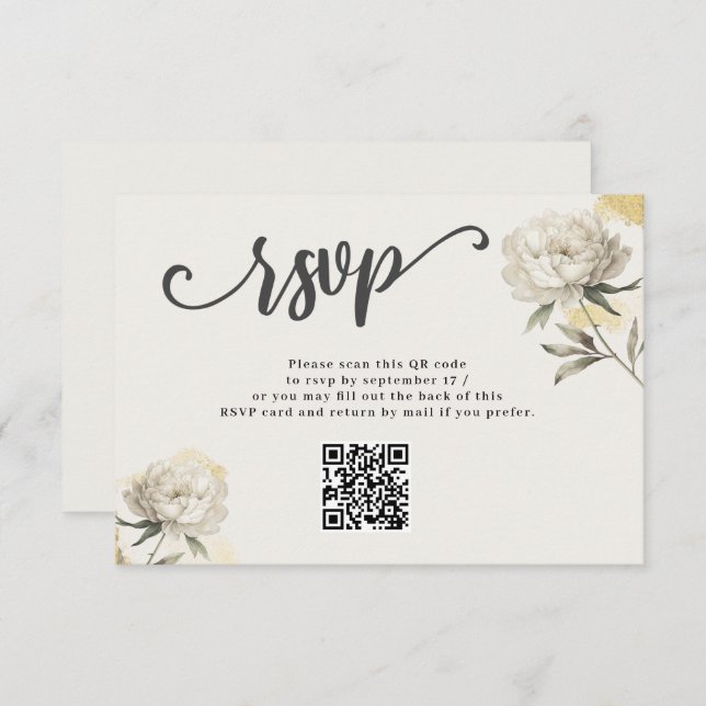 Cartão RSVP de Casamento de Código QR de Peony Dou (Frente/Verso)