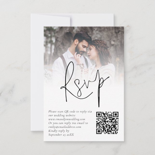 Cartão RSVP de Casamento de Código QR de Sobreposi (Frente)