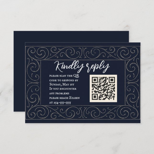 Cartão RSVP de Casamento de Código QR do Marinho R (Frente/Verso)
