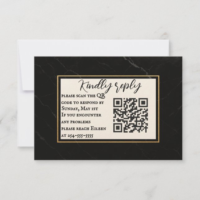 Cartão RSVP de Casamento de Código QR Marble Onyx  (Frente)