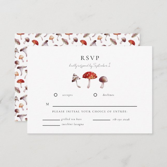 Cartão RSVP de Casamento de Cogumelos Encantados (Frente/Verso)