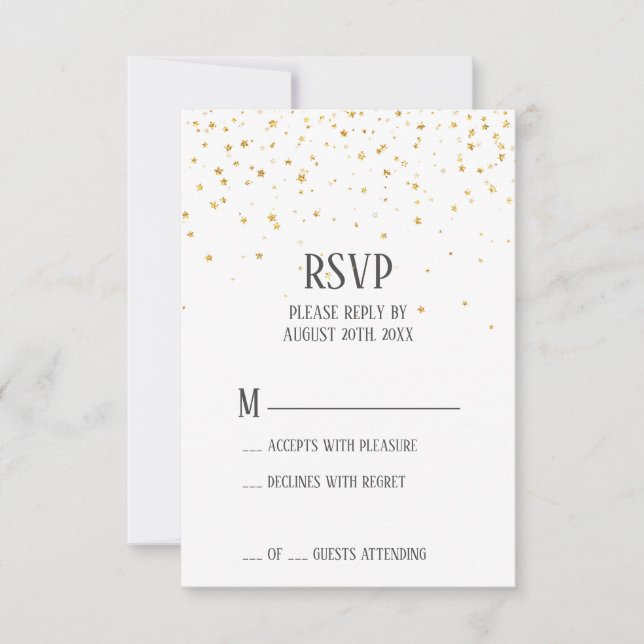 Cartão RSVP de Casamento de Confetti Dourado (Frente)