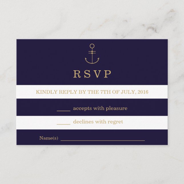 Cartão RSVP de casamento de faixas náuticas modern (Frente)