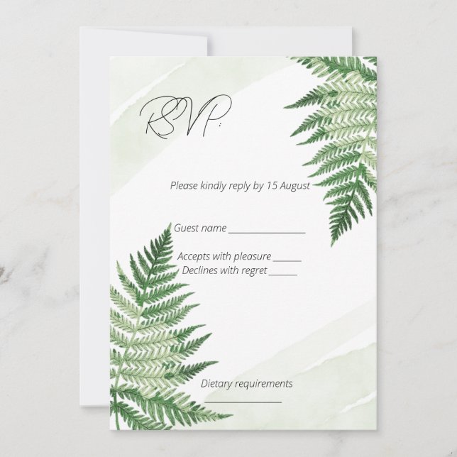 Cartão RSVP de Casamento de Fern Verde Minimalista (Frente)