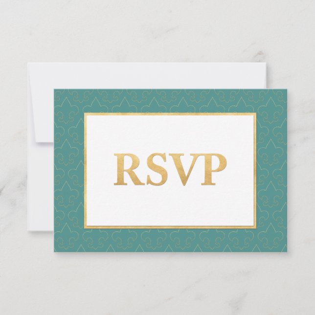 Cartão RSVP de Casamento de Fleur De Lis Teal & Do (Frente)