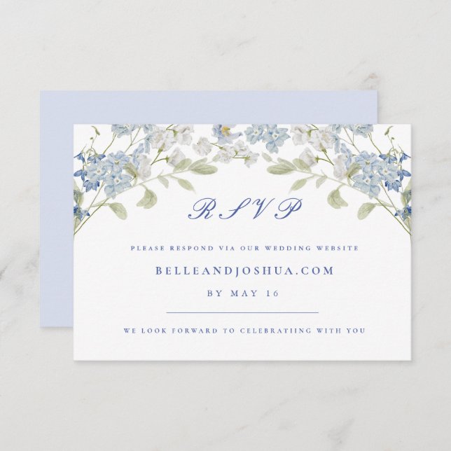 Cartão RSVP de Casamento de Florais Azul Francês (Frente/Verso)