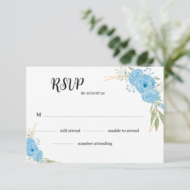 Cartão RSVP de Casamento de Flores Azuis Florais E (Em pé/Frente)