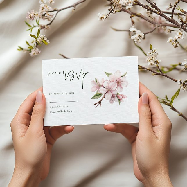 Cartão rsvp de casamento de flores de cereja rosa  (Cherry blossom RSVP card with elegant script on white background)