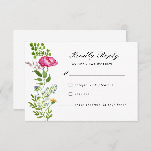 Cartão RSVP de Casamento de Flores Selvagens de Aq (Frente/Verso)