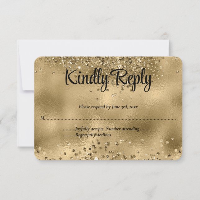 Cartão RSVP de Casamento de Foil e Glitter Dourado (Frente)