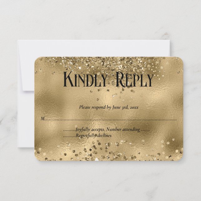 Cartão RSVP de Casamento de Foil e Glitter Dourado (Frente)