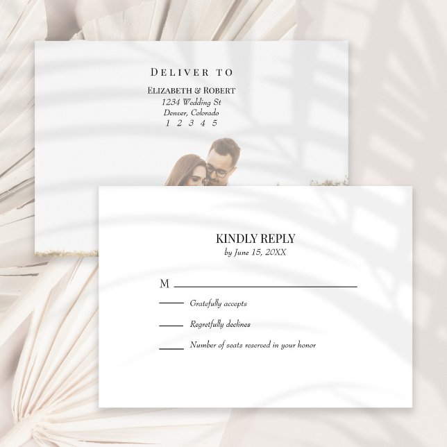 Cartão RSVP de Casamento de Fotografia Personaliza (Black and White Custom Photo Wedding RSVP Card on a sunny white dry palm leaf.)