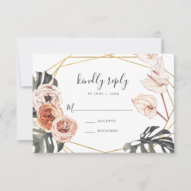 Cartão RSVP de Casamento de Frame Dourado Floral T (Frente)